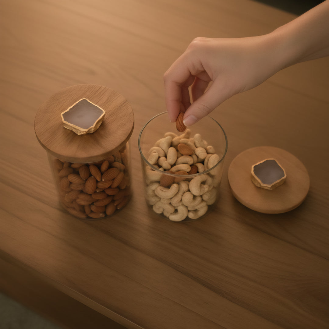 Agate White Stone Lid Glass Storage Jar with Wooden Top set of 2