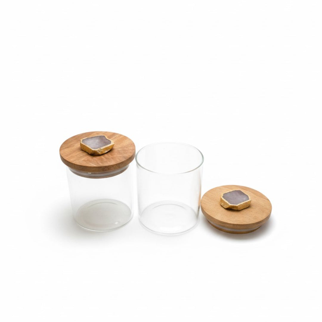 Agate White Stone Lid Glass Storage Jar with Wooden Top set of 2