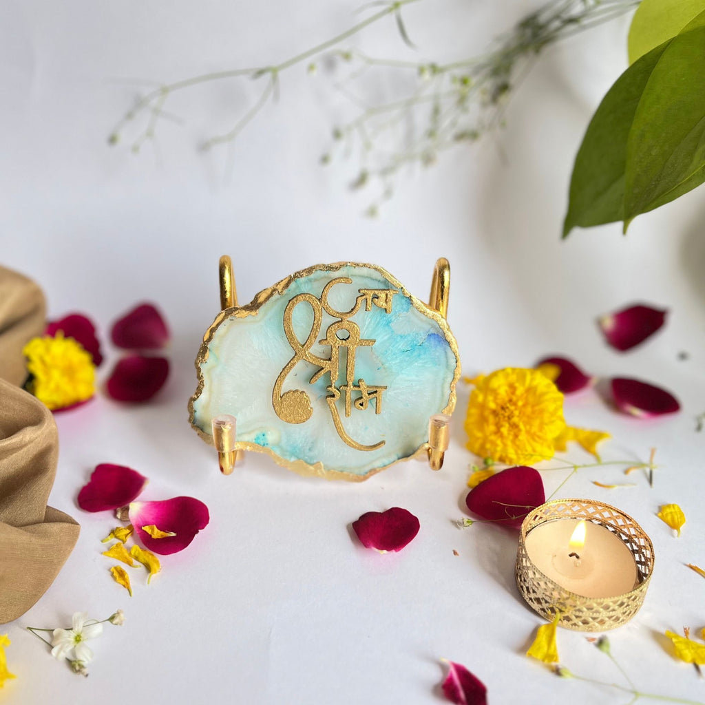 Jai Shree Ram Agate Metal Stand Relegious Showpeice-Turquoise