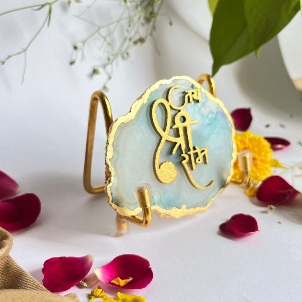 Jai Shree Ram Agate Metal Stand Relegious Showpeice-Turquoise