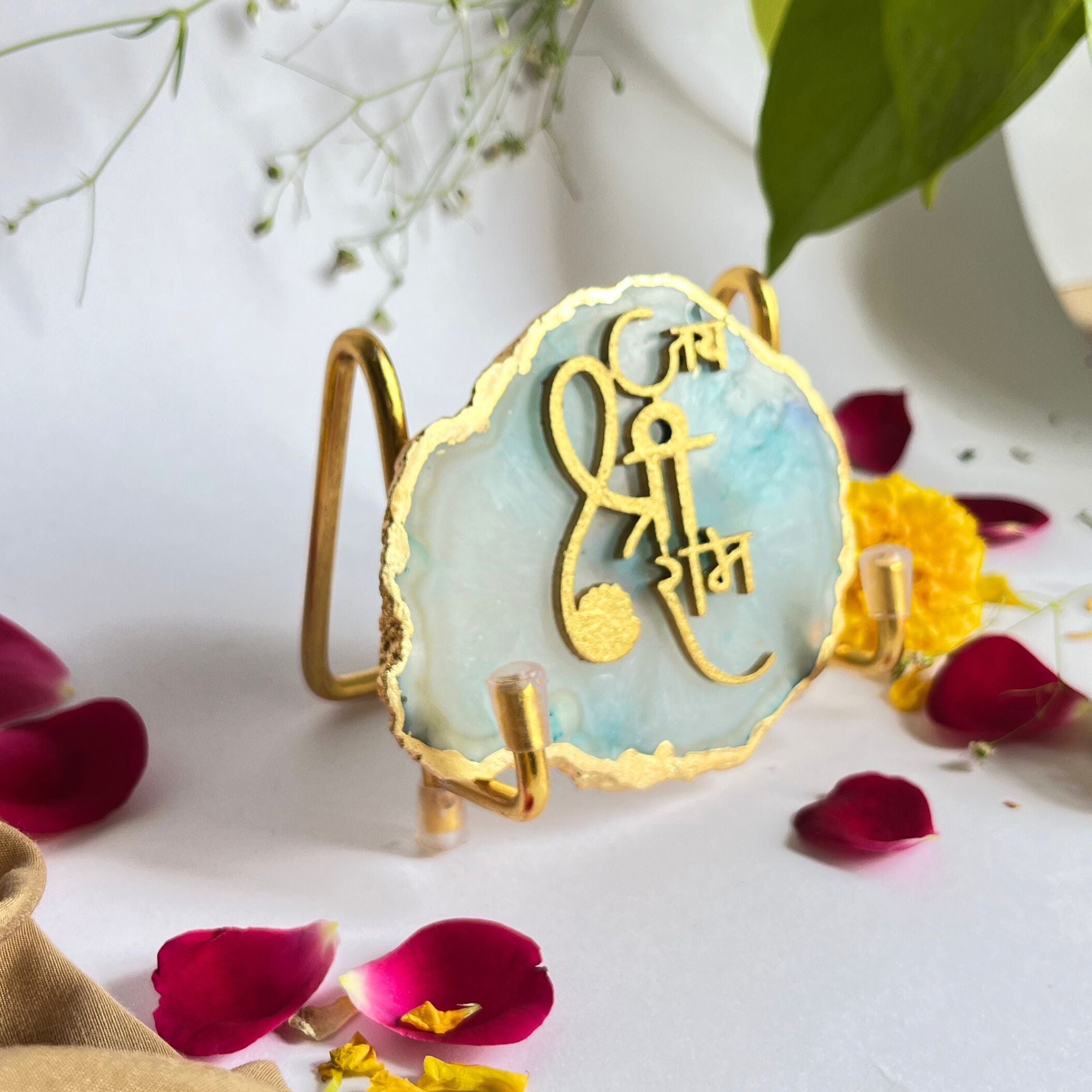 Jai Shree Ram Agate Metal Stand Relegious Showpeice-Turquoise