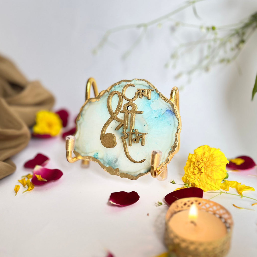 Jai Shree Ram Agate Metal Stand Relegious Showpeice-Turquoise
