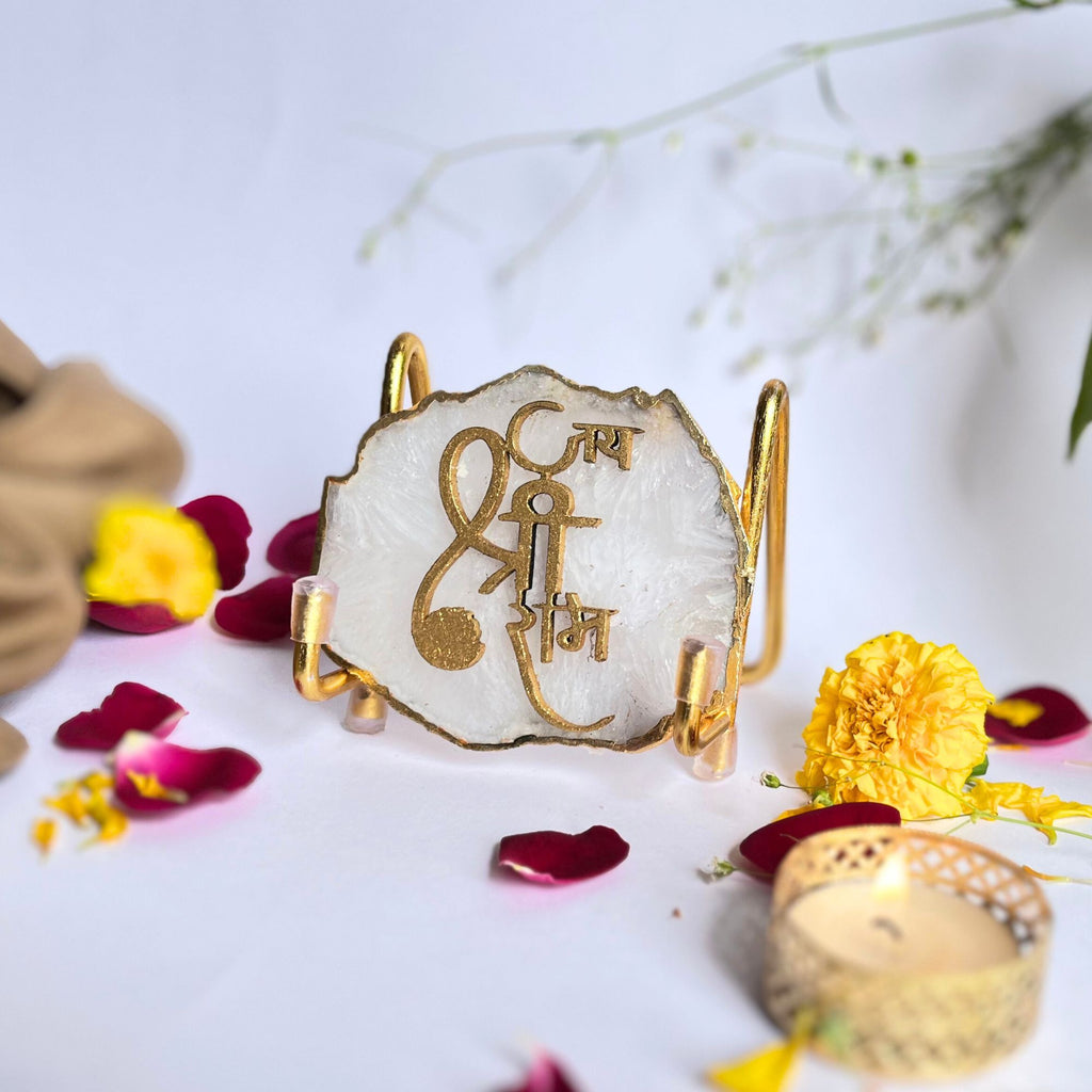 Jai Shree Ram Agate Metal Stand Relegious Showpeice-White
