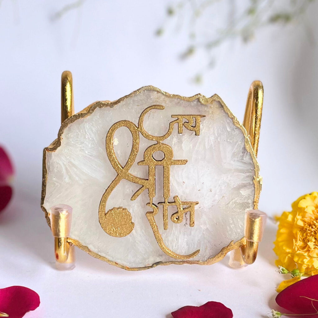Jai Shree Ram Agate Metal Stand Relegious Showpeice-White