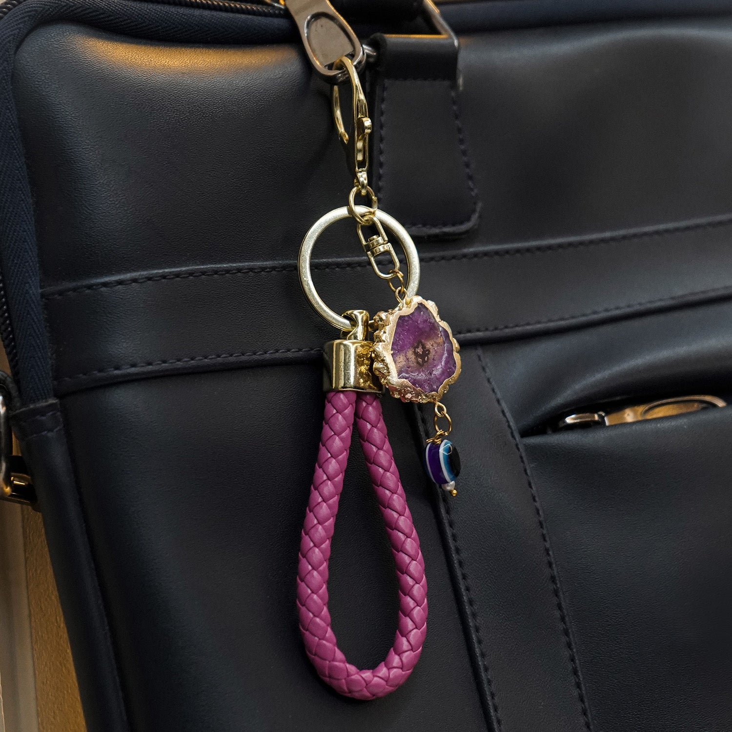 Pink Solar Agate Gold Plated Key Chain with Evil Eye