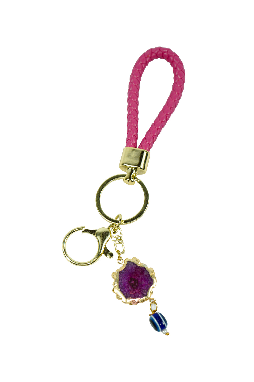 Pink Solar Agate Gold Plated Key Chain with Evil Eye
