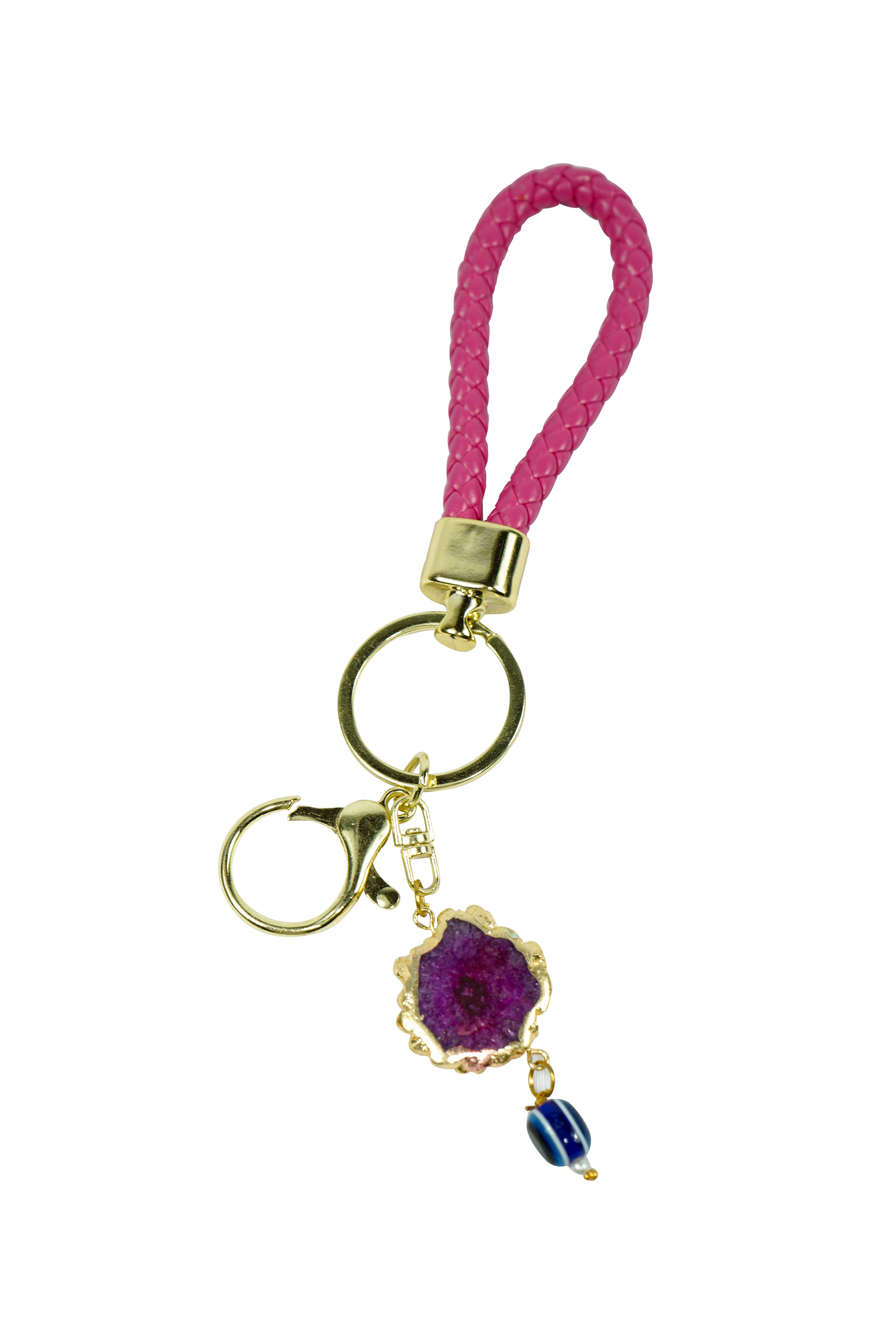 Pink Solar Agate Gold Plated Key Chain with Evil Eye
