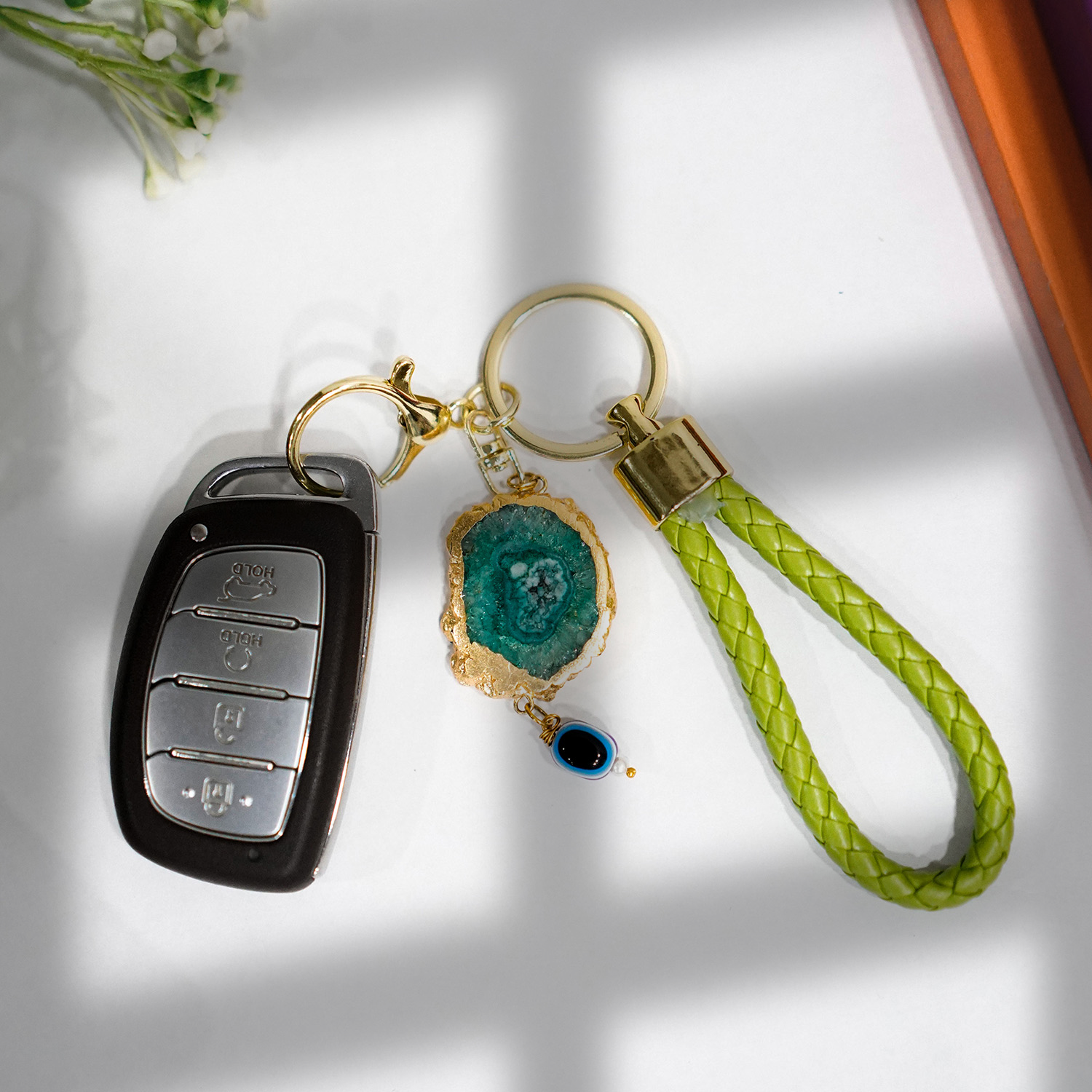 Green Solar Agate Gold Plated Key Chain with Evil Eye