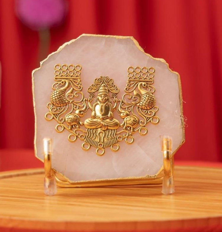 Agate Laxmi Showpiece Gold Platting Egdes With Metal Stand - Natural