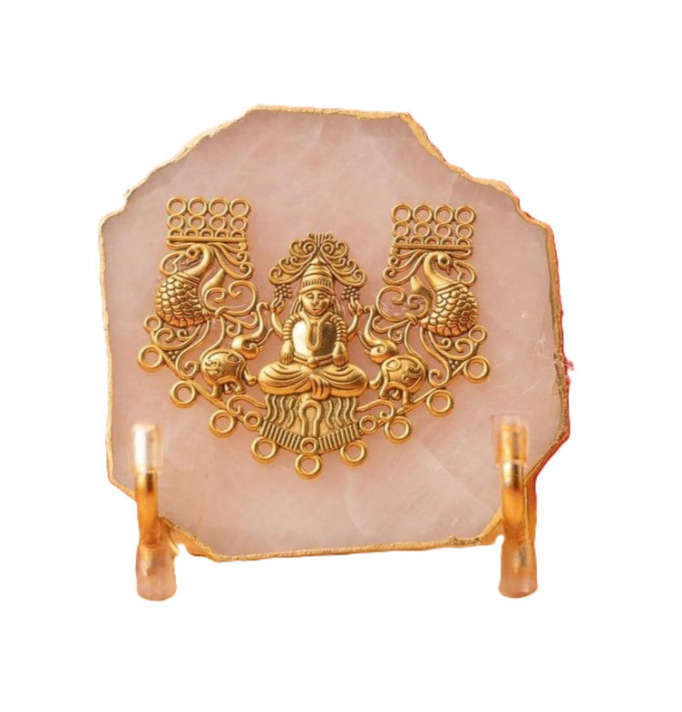 Agate Laxmi Showpiece Gold Platting Egdes With Metal Stand - Natural