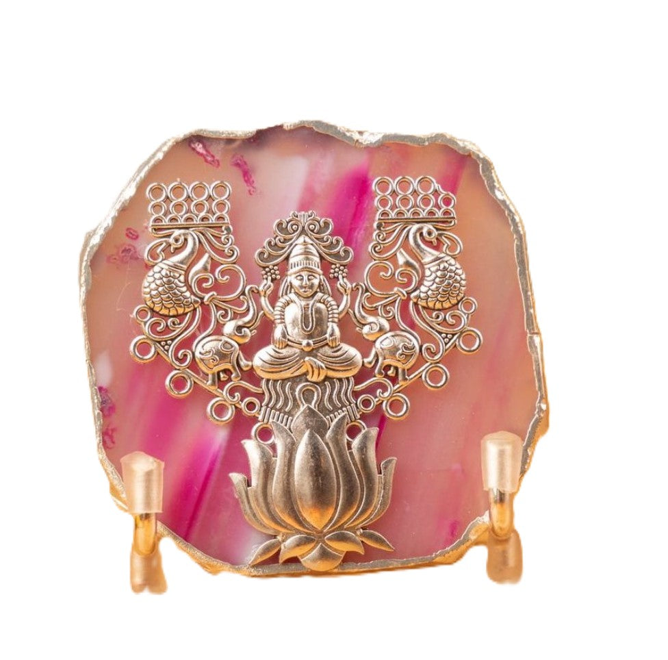 Agate Laxmi Showpiece Silver Platting Egdes With Metal Stand - Pink