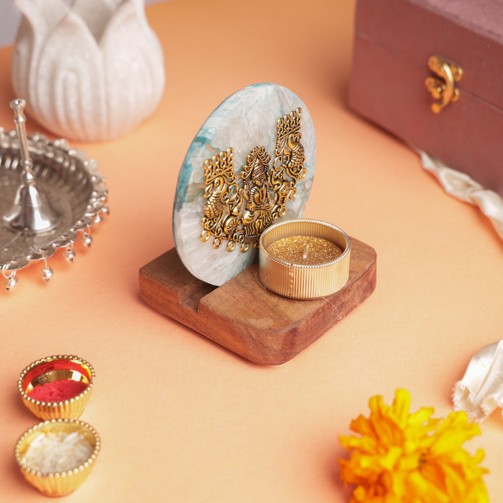 Agate Laxmi Ji Wooden Tealight - Blue
