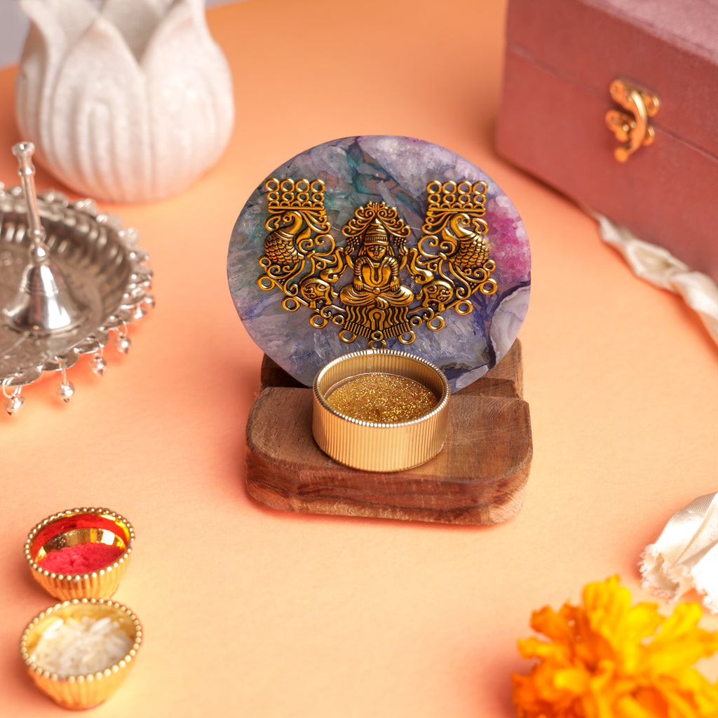 Agate Laxmi Ji Wooden Tealight - Mixed Agate
