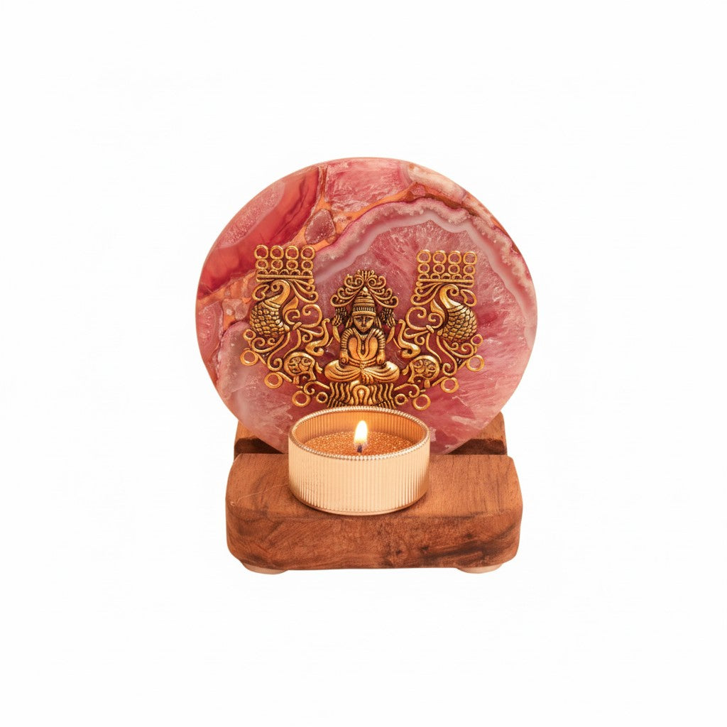 Agate Laxmi Ji Wooden Tealight - Pink