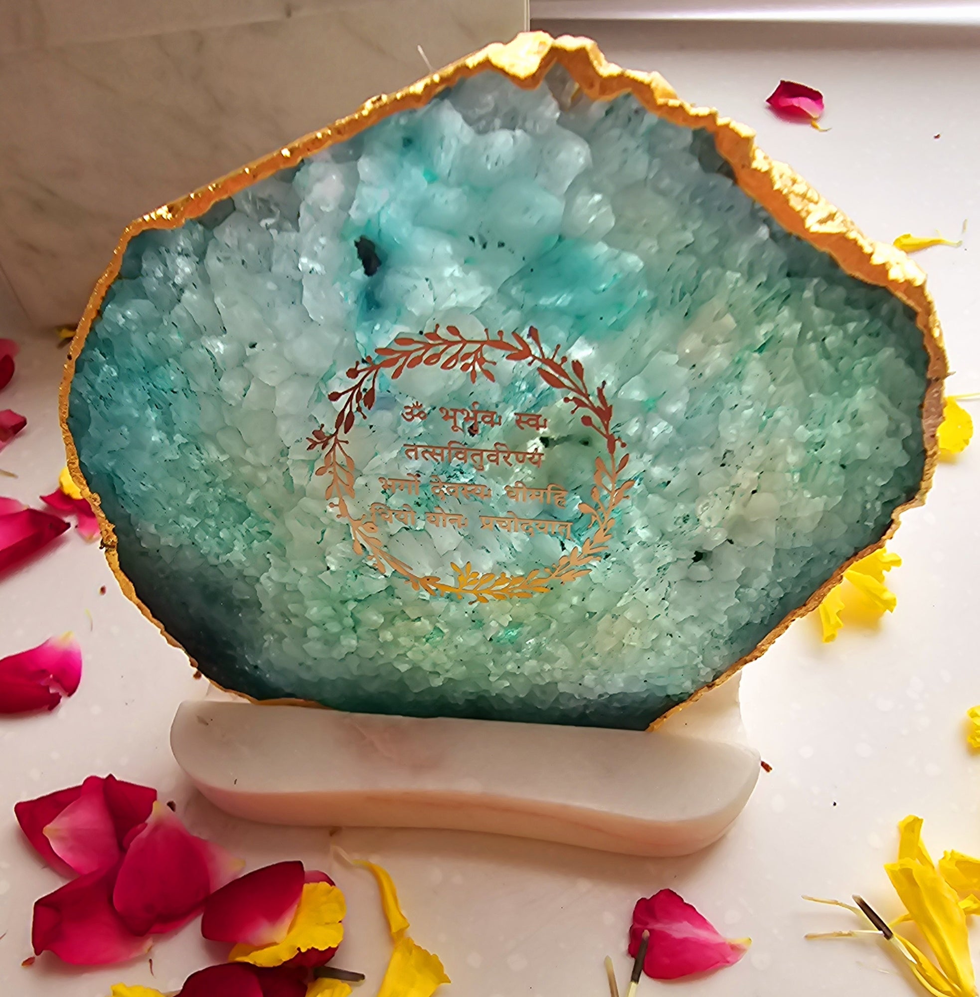 Gayatri Mantra Agate with Marble Base Back Side Tealight-Green