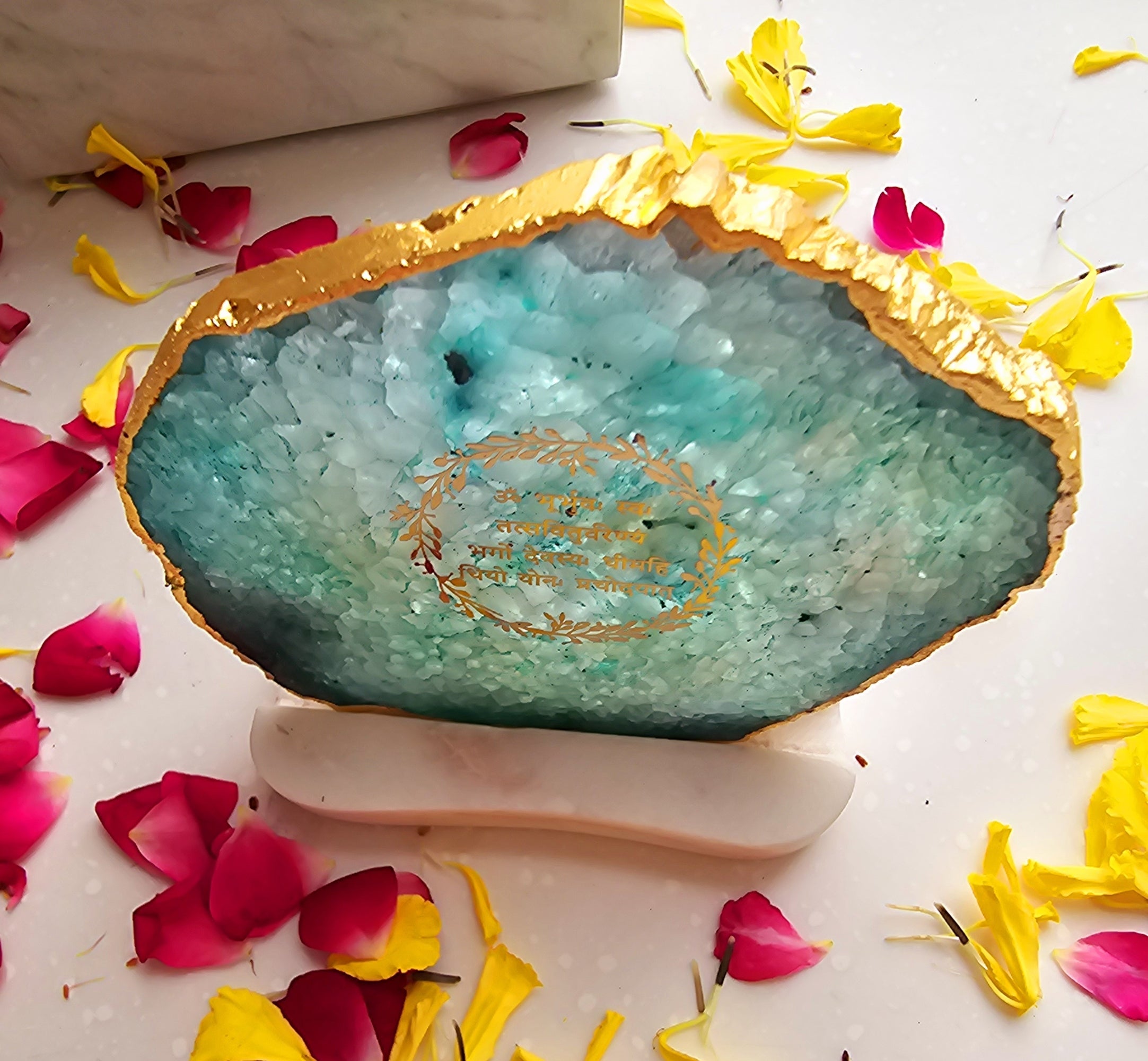Gayatri Mantra Agate with Marble Base Back Side Tealight-Green