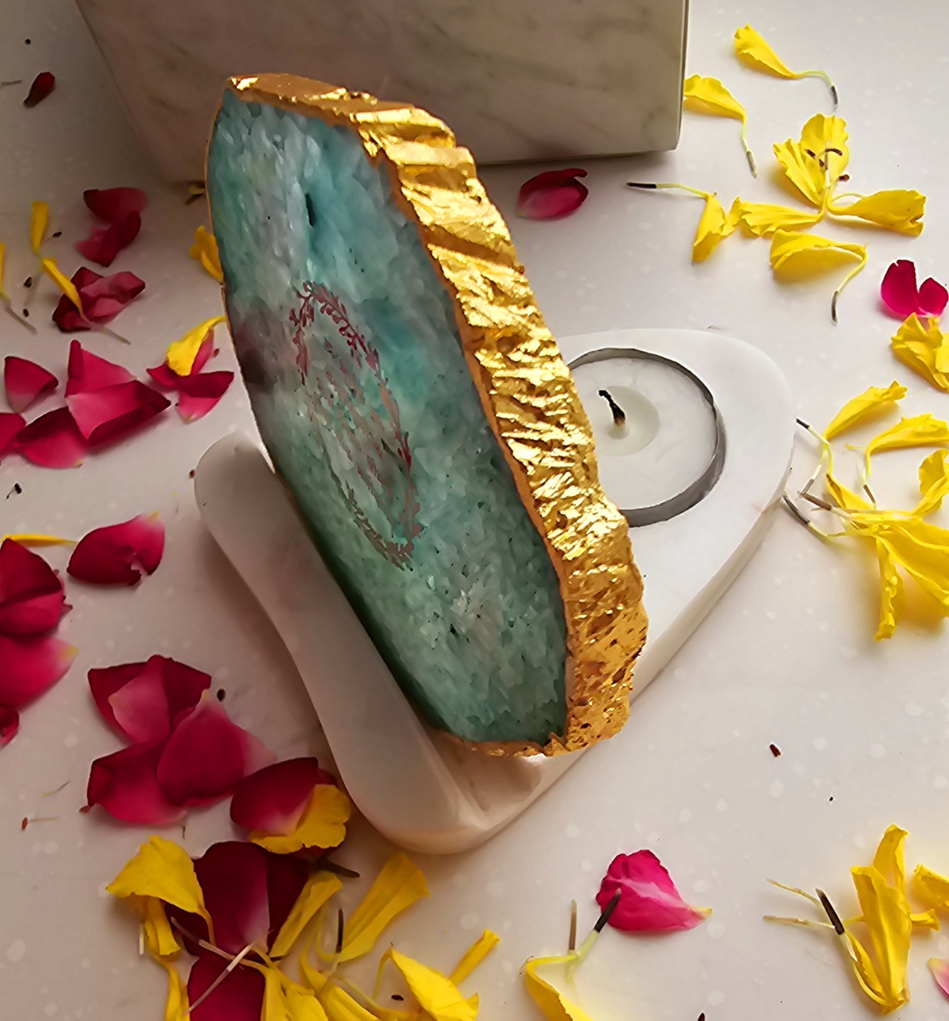 Gayatri Mantra Agate with Marble Base Back Side Tealight-Green