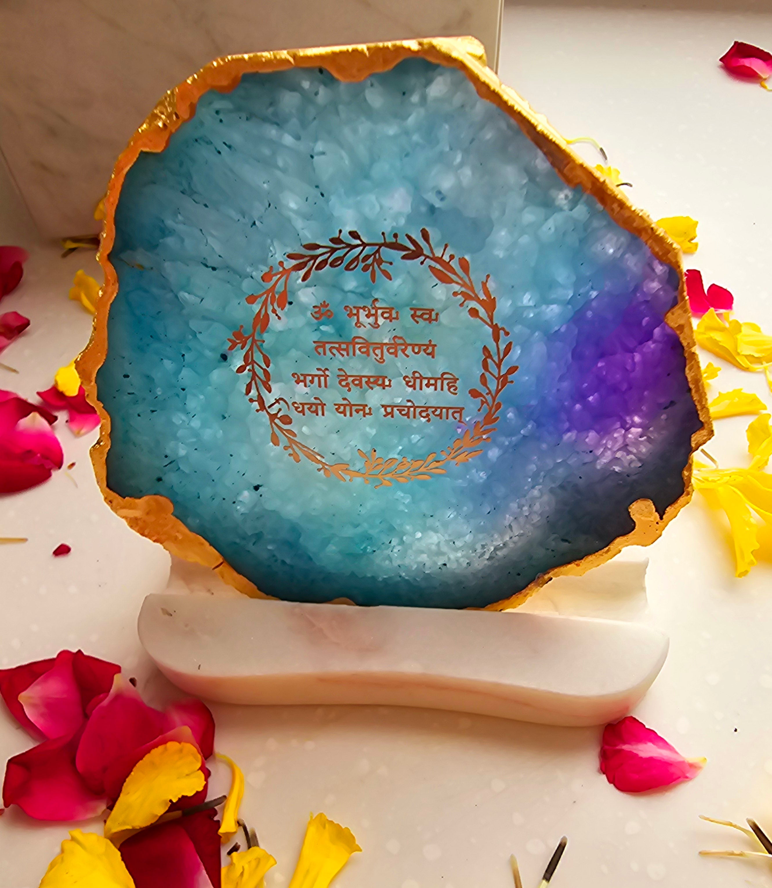 Gayatri Mantra Agate with Marble Base Back Side Tealight-Turquoise