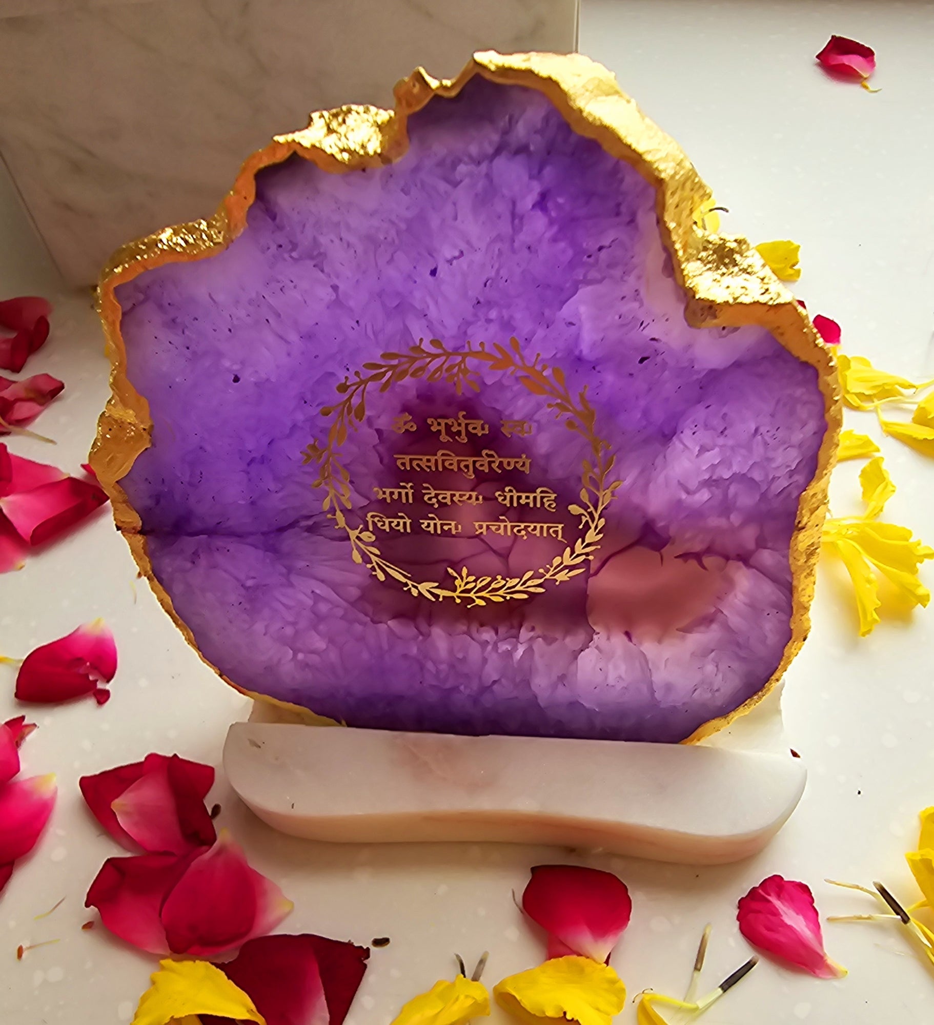 Gayatri Mantra Agate with Marble Base Back Side Tealight-Purple