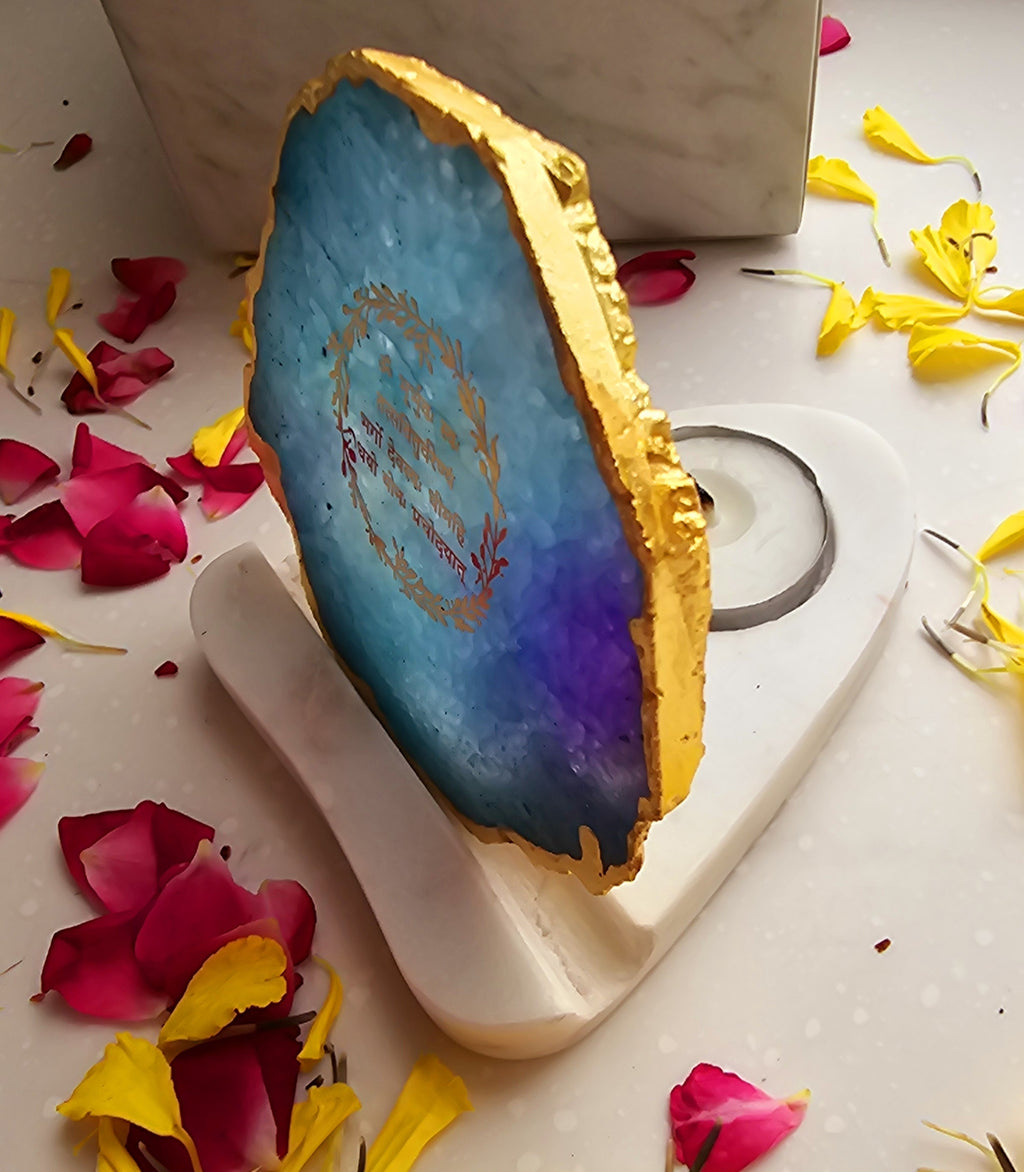 Gayatri Mantra Agate with Marble Base Back Side Tealight-Turquoise