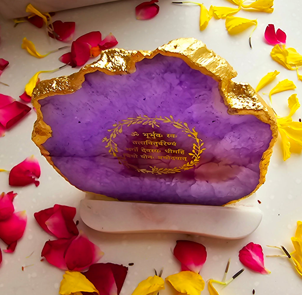 Gayatri Mantra Agate with Marble Base Back Side Tealight-Purple