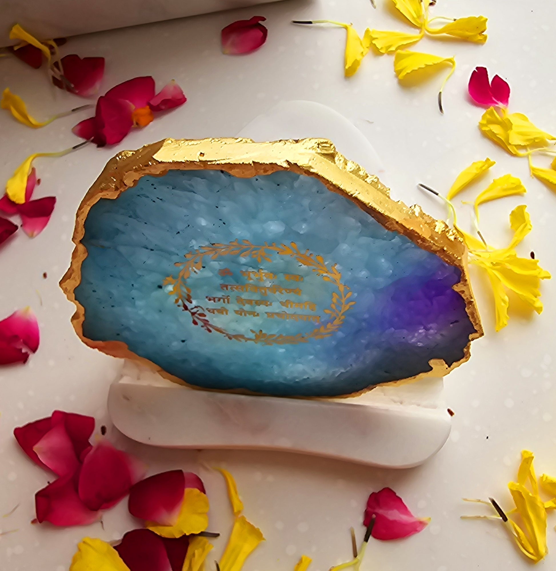 Gayatri Mantra Agate with Marble Base Back Side Tealight-Turquoise