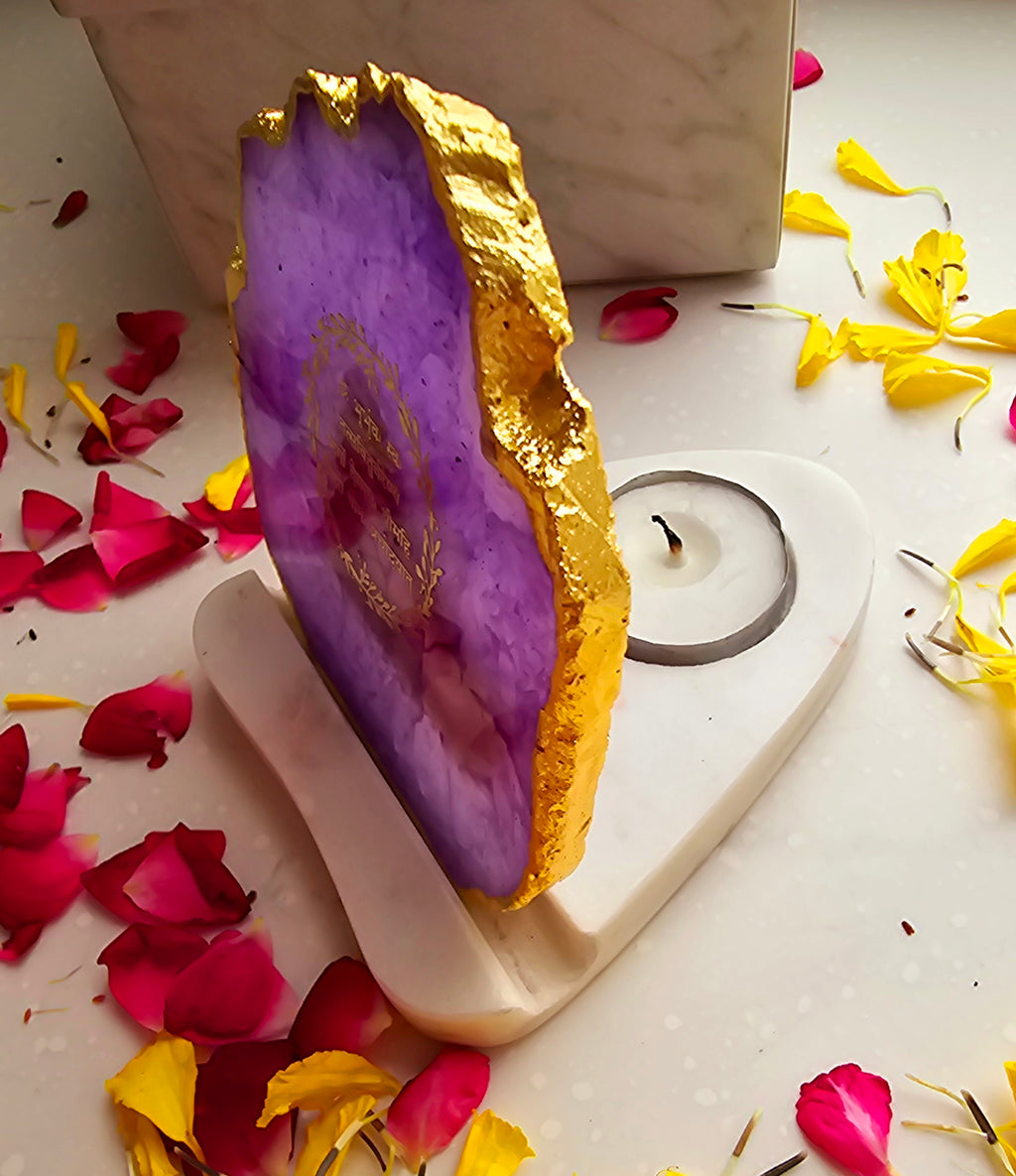 Gayatri Mantra Agate with Marble Base Back Side Tealight-Purple