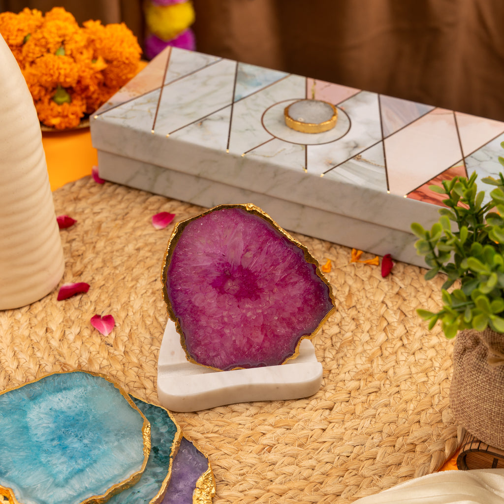 Agate with Marble Base Back Side Tealight Lamp -Pink