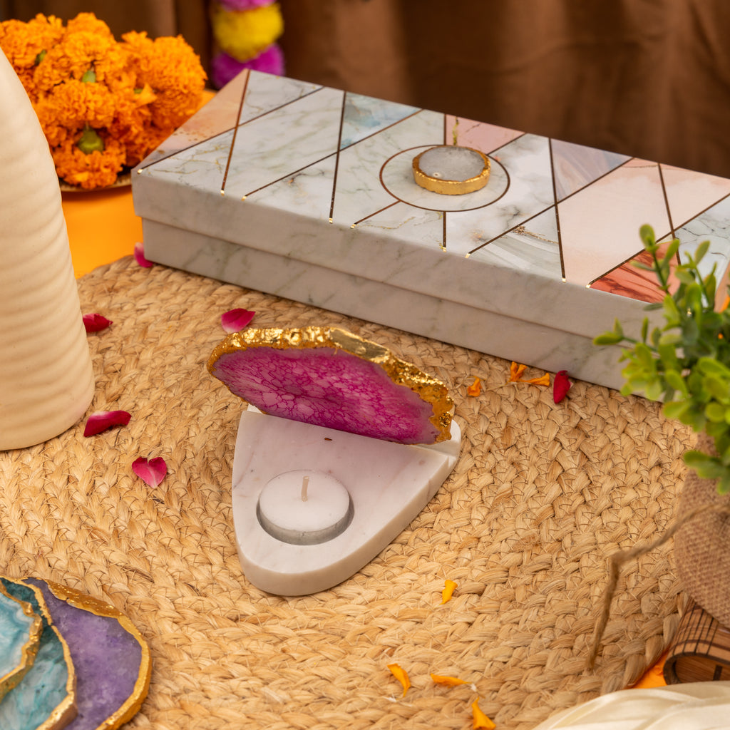 Agate with Marble Base Back Side Tealight Lamp -Pink