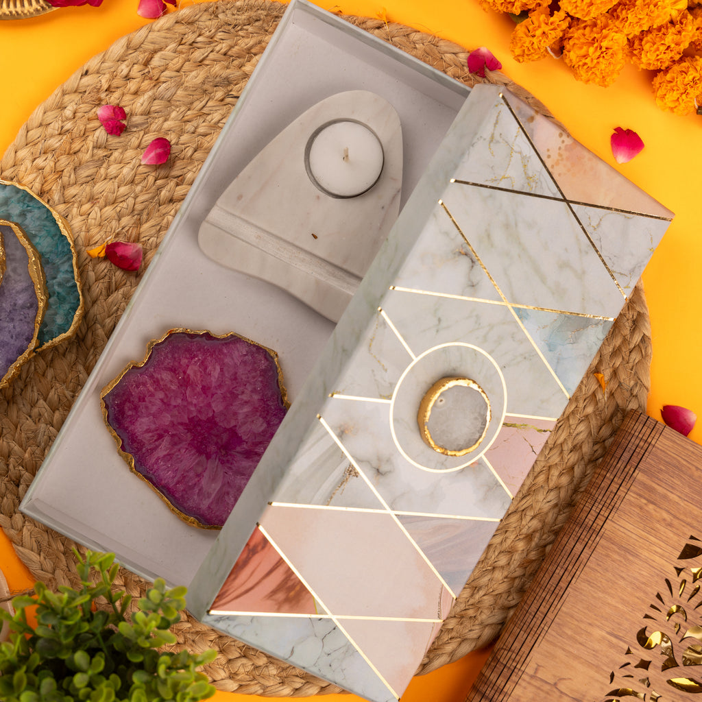 Agate with Marble Base Back Side Tealight Lamp -Pink