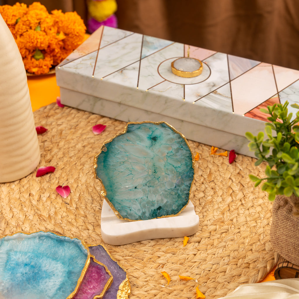 Agate with Marble Base Back Side Tealight Lamp -Green