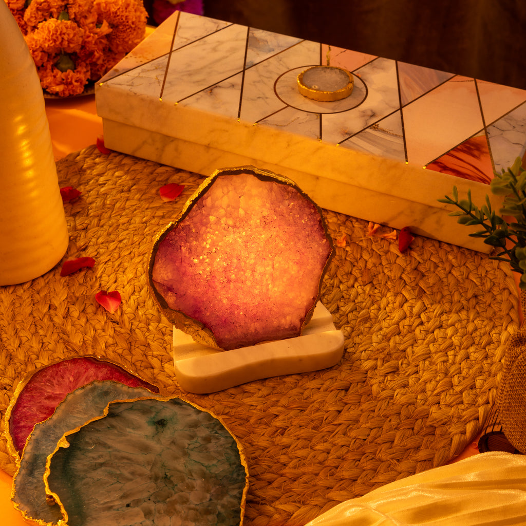 Agate with Marble Base Back Side Tealight Lamp -Purple