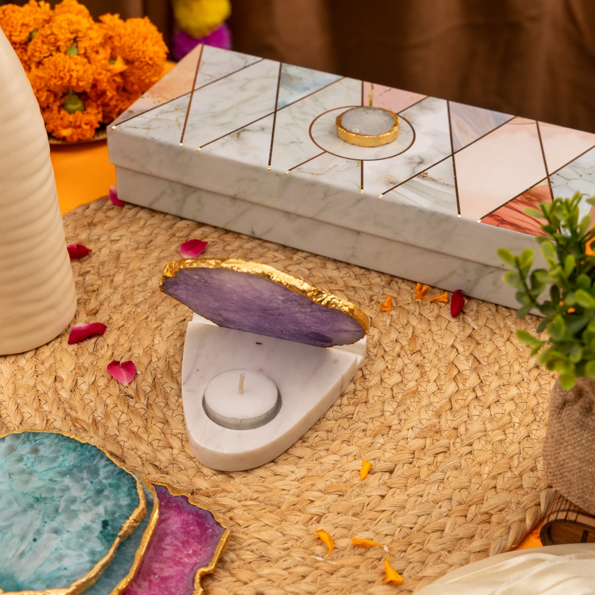 Agate with Marble Base Back Side Tealight Lamp -Purple