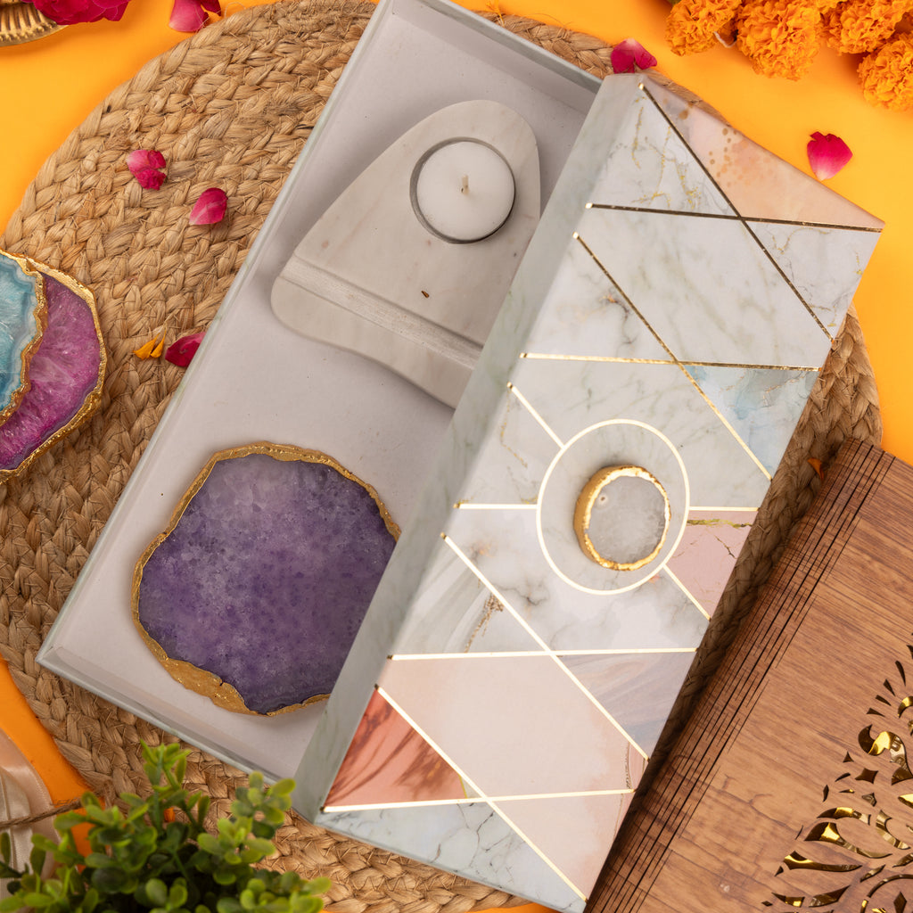 Agate with Marble Base Back Side Tealight Lamp -Purple