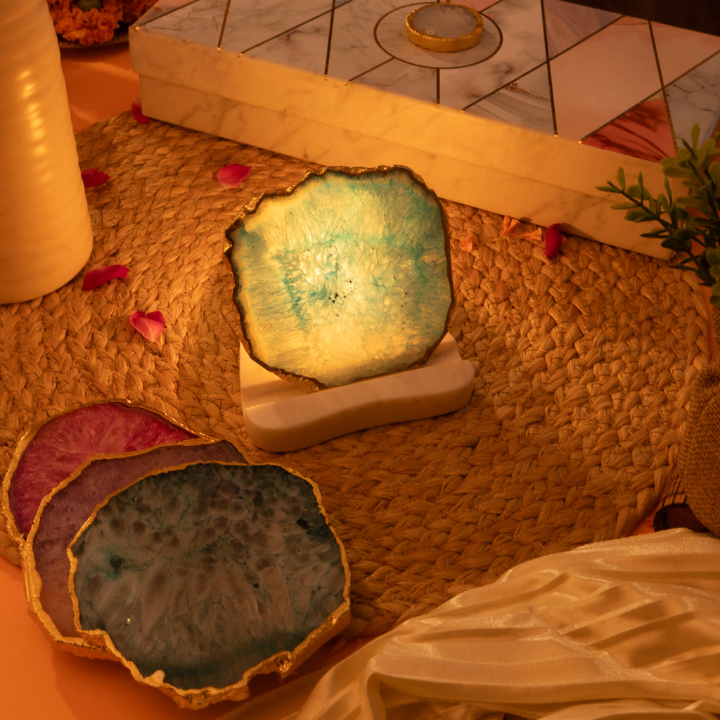 Agate with Marble Base Back Side Tealight Lamp -Turquoise