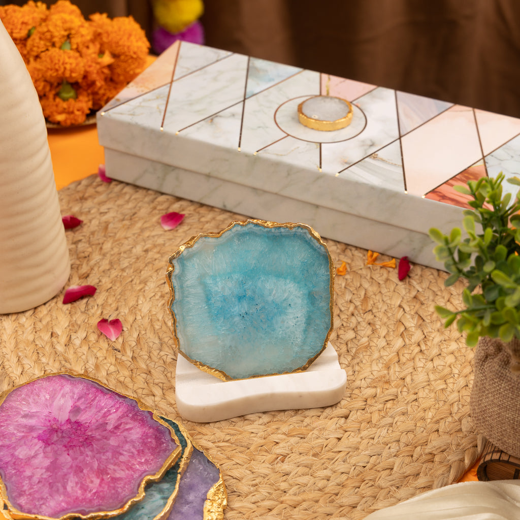 Agate with Marble Base Back Side Tealight Lamp -Turquoise