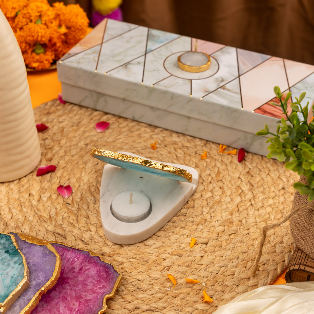 Agate with Marble Base Back Side Tealight Lamp -Turquoise