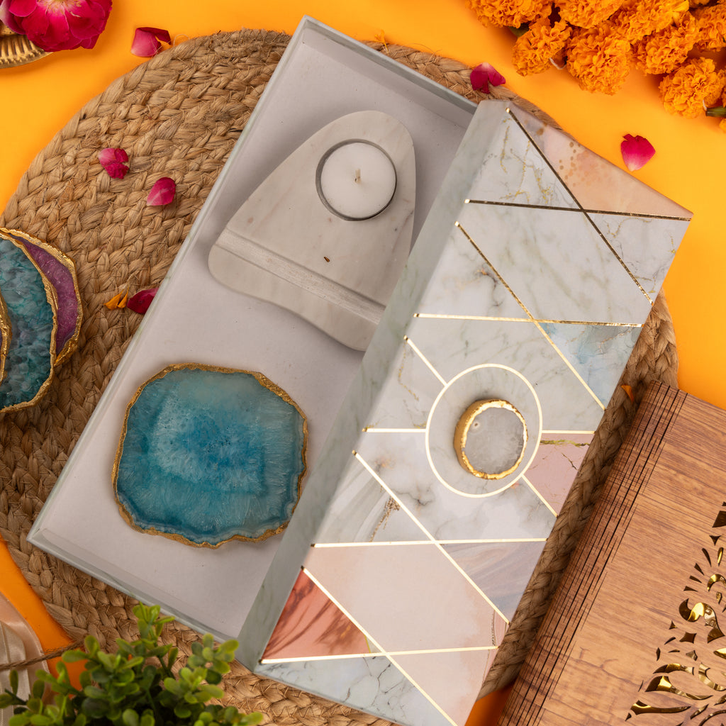 Agate with Marble Base Back Side Tealight Lamp -Turquoise