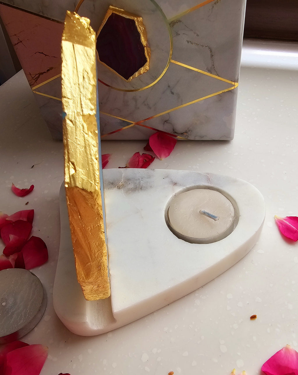 Laxmi Ganesha Agate with Marble Base Back Side Tealight-Green