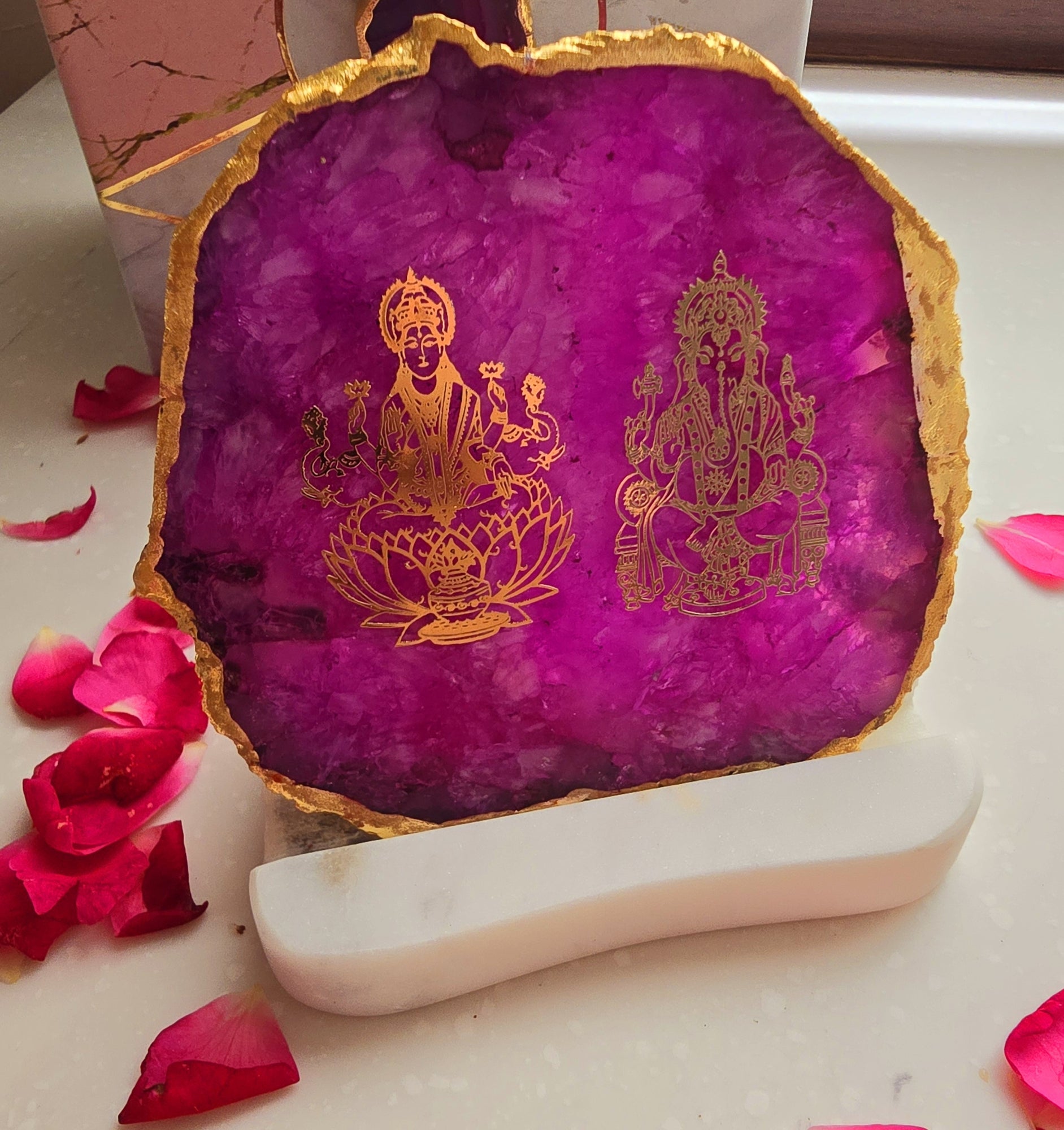 Laxmi Ganesha Agate with Marble Base Back Side Tealight-Pink