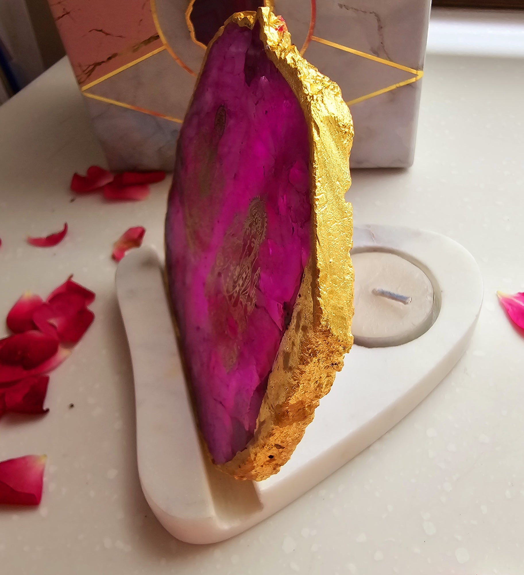 Laxmi Ganesha Agate with Marble Base Back Side Tealight-Pink