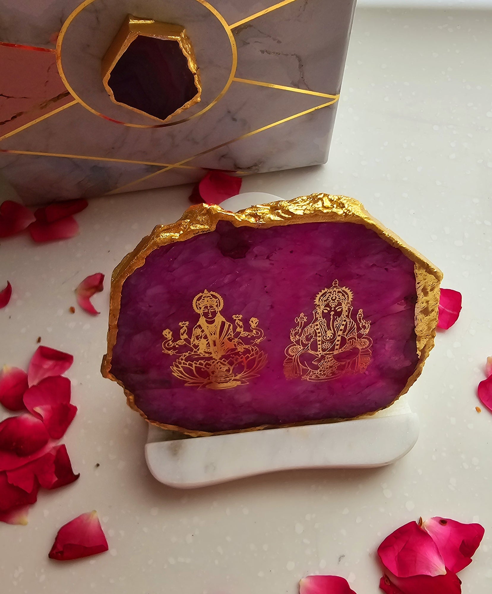 Laxmi Ganesha Agate with Marble Base Back Side Tealight-Pink