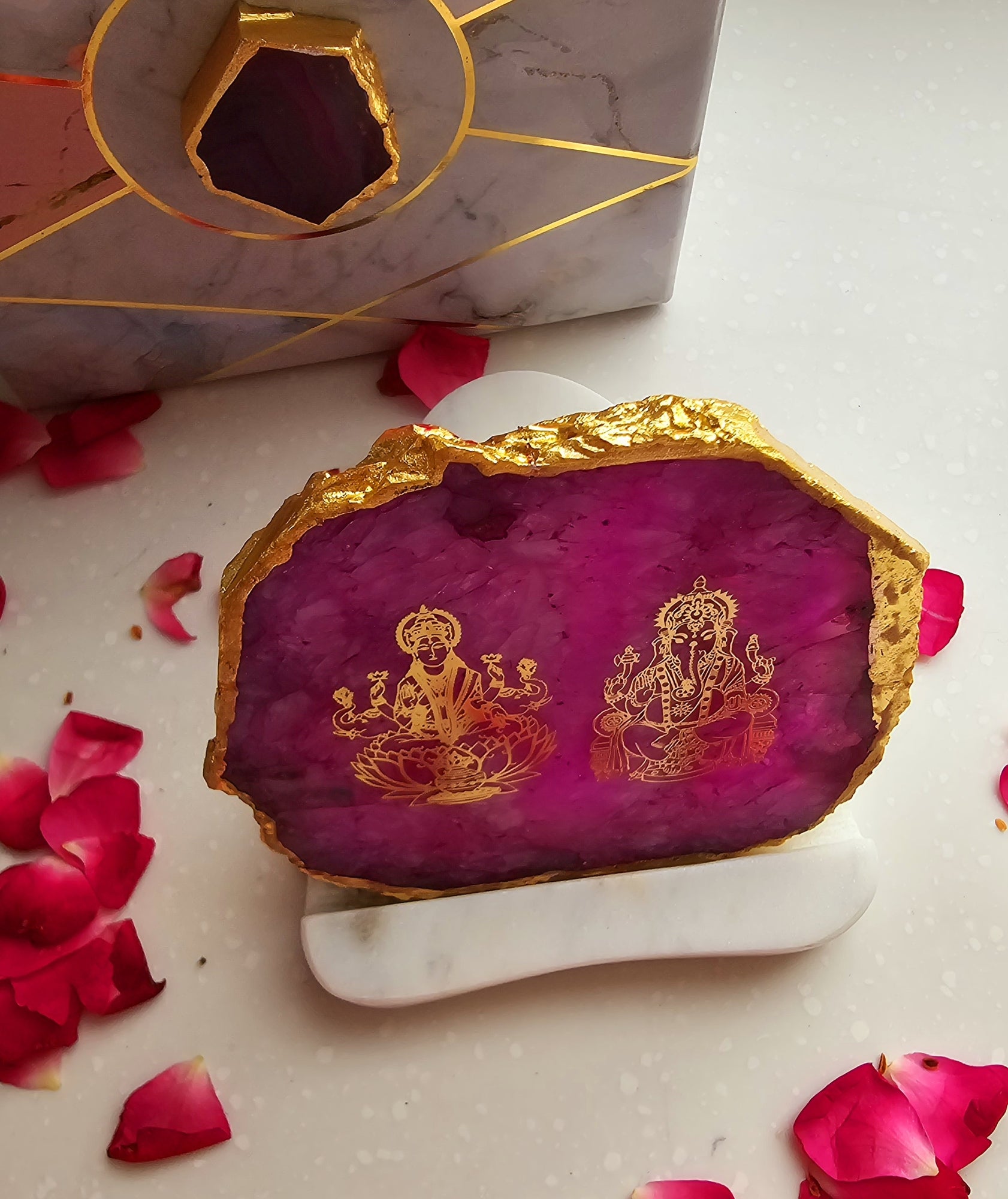 Laxmi Ganesha Agate with Marble Base Back Side Tealight-Pink