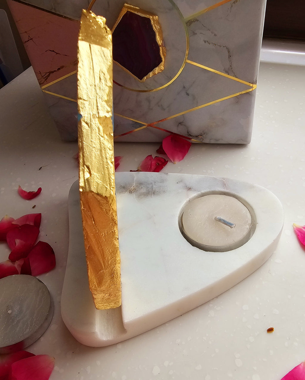 Laxmi Ganesha Agate with Marble Base Back Side Tealight-Pink