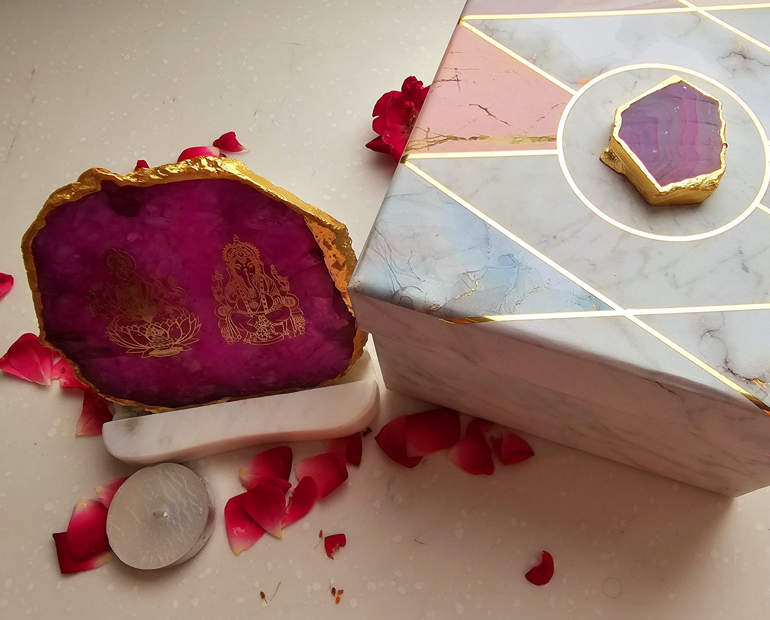 Laxmi Ganesha Agate with Marble Base Back Side Tealight-Pink