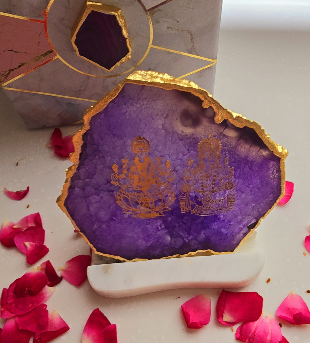 Laxmi Ganesha Agate with Marble Base Back Side Tealight-Purple