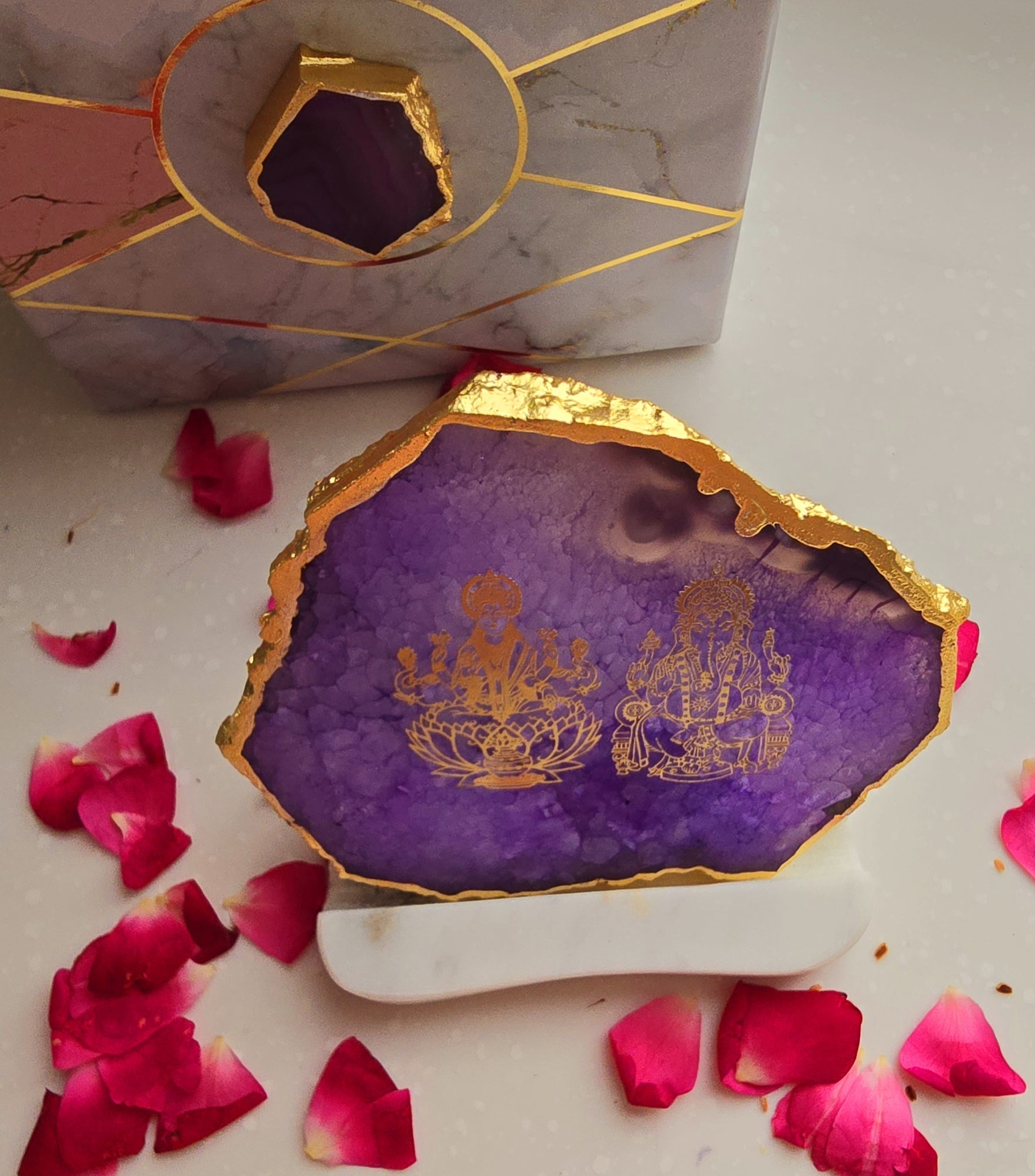 Laxmi Ganesha Agate with Marble Base Back Side Tealight-Purple