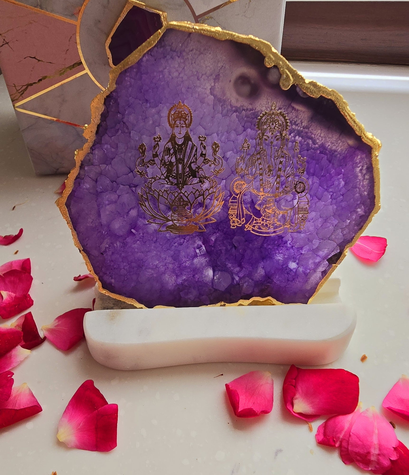 Laxmi Ganesha Agate with Marble Base Back Side Tealight-Purple