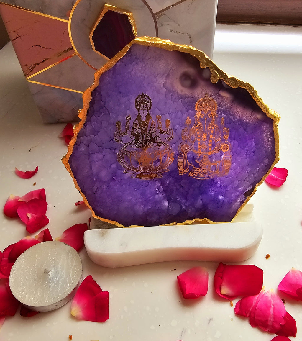 Laxmi Ganesha Agate with Marble Base Back Side Tealight-Purple