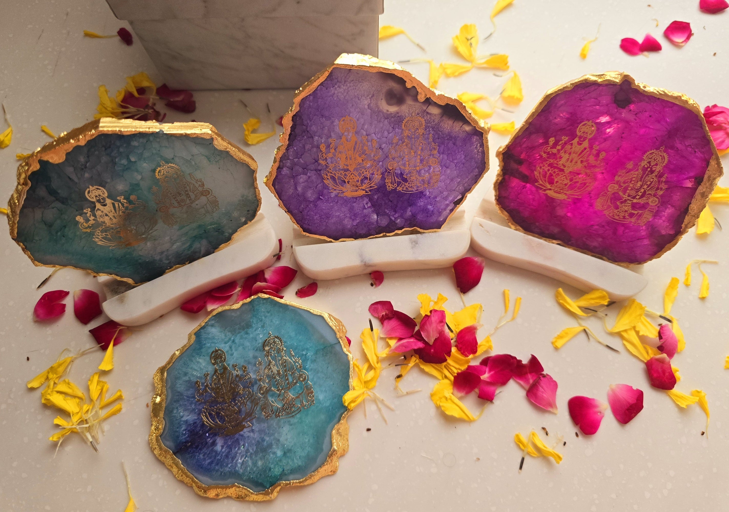 Laxmi Ganesha Agate with Marble Base Back Side Tealight-Purple